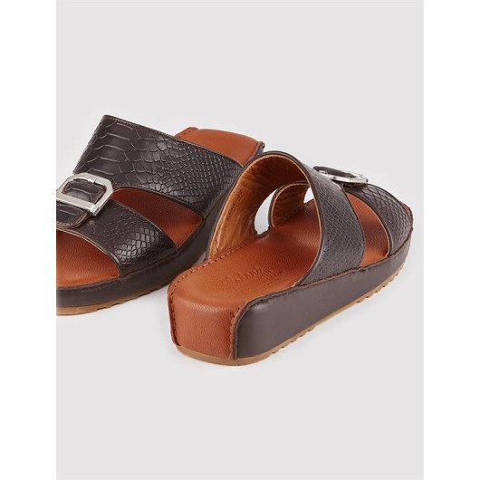 Men's Genuine Leather Buckle Detailed Brown Slippers