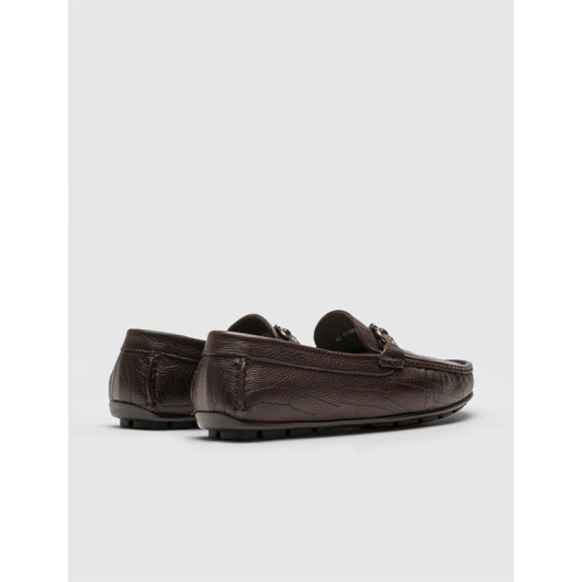 Men's Genuine Leather Brown Loafers With Buckle Accessory