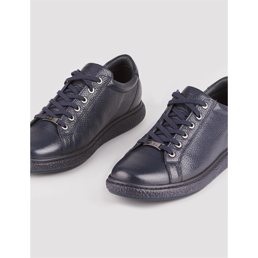 Genuine Leather Navy Blue Lace-Up Leather Lined Men's Sneakers