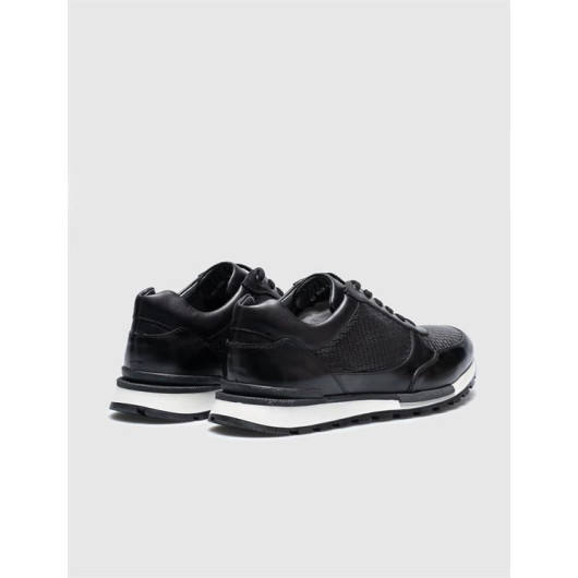 Genuine Leather Black Lace-Up Special Design Men's Sneakers