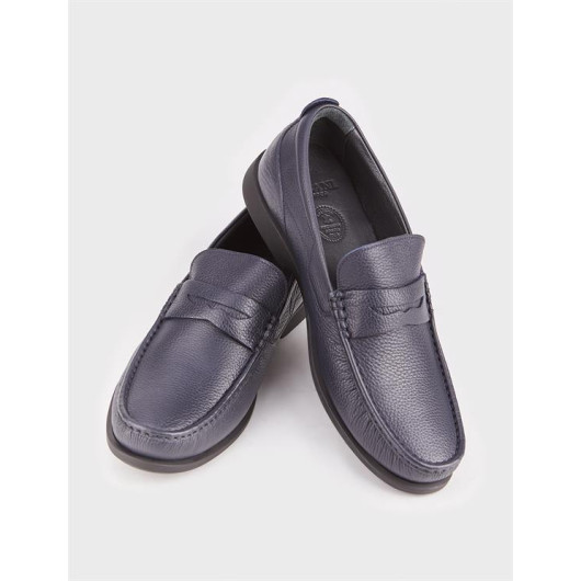 Genuine Leather Lace-Up Navy Blue Men's Casual Loafer Shoes