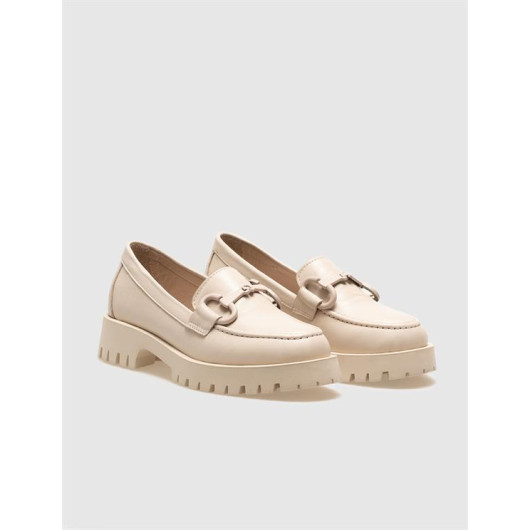 Genuine Leather Beige Buckled Women's Casual Shoes