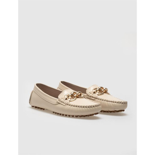 Women's Loafer With Genuine Leather Beige Buckle