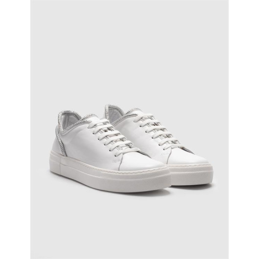 Genuine Leather White Lace-Up Women's Sneakers