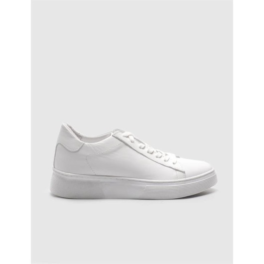 Genuine Leather White Lace-Up Women's Sneakers