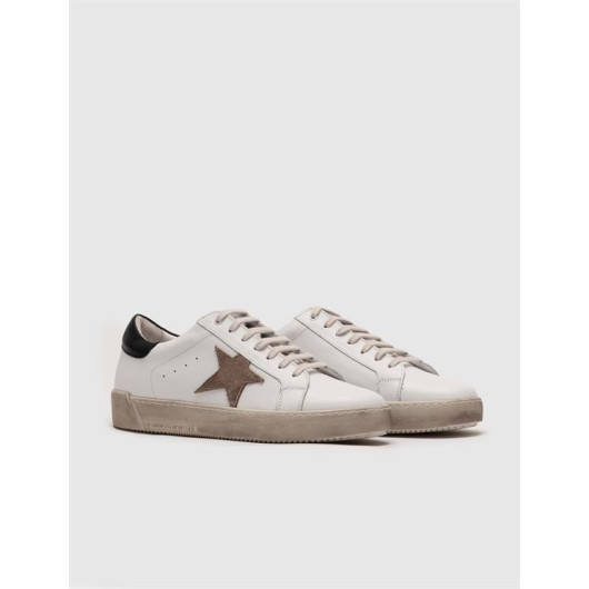 Genuine Leather White Laced Star Pattern Men's Sports Shoes