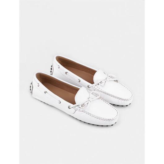 Genuine Leather White Bow Detailed Women's Loafer Shoes