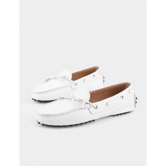 Genuine Leather White Bow Detailed Women's Loafer Shoes