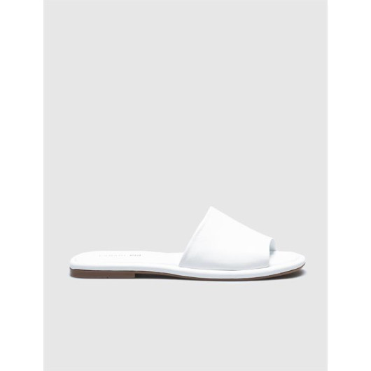 Genuine Leather White Women's Flat Slippers