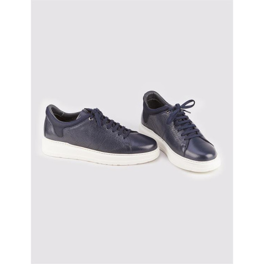 Genuine Leather White Sole Lace-Up Men's Navy Blue Sports Shoes