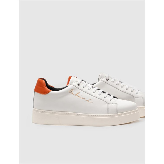 Genuine Leather White-Orange Lace-Up Men's Sports Shoes