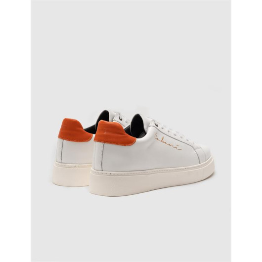 Genuine Leather White-Orange Lace-Up Men's Sports Shoes