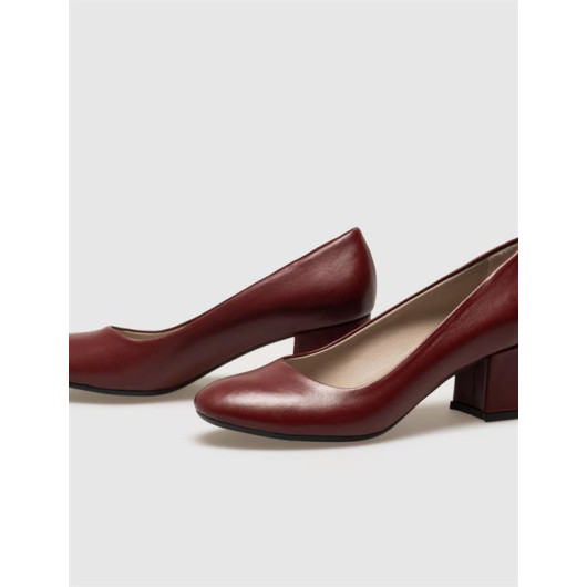 Genuine Leather Claret Red Women's Thick Heeled Shoes