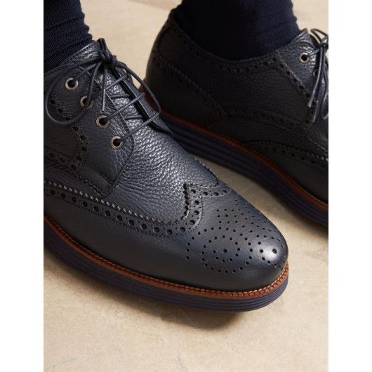 Genuine Leather Men's Navy Blue Lace-Up Casual Shoes