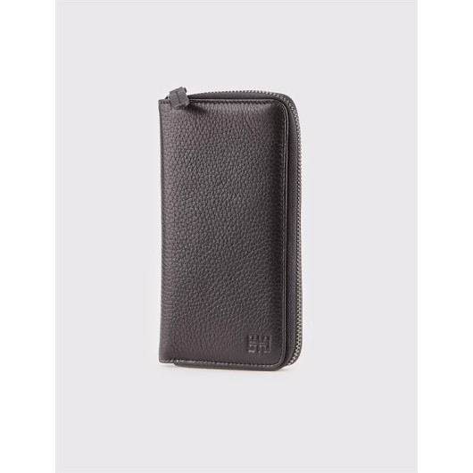 Genuine Leather Zippered Black Wallet With Phone Compartment
