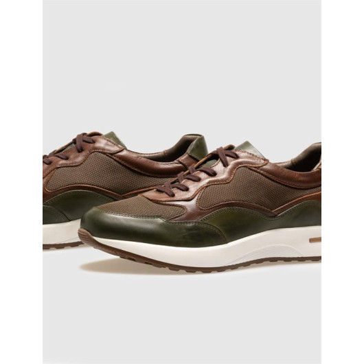 Genuine Leather Khaki Lace-Up Men's Sports Shoes