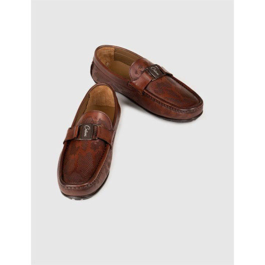 Genuine Leather Brown Belt Detailed Men's Loafers