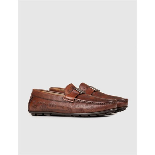 Genuine Leather Brown Belt Detailed Men's Loafers