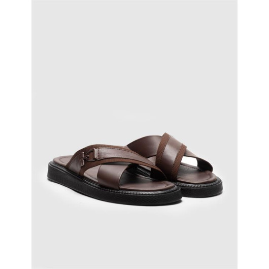 Men's Casual Slippers With Genuine Leather Brown Belt