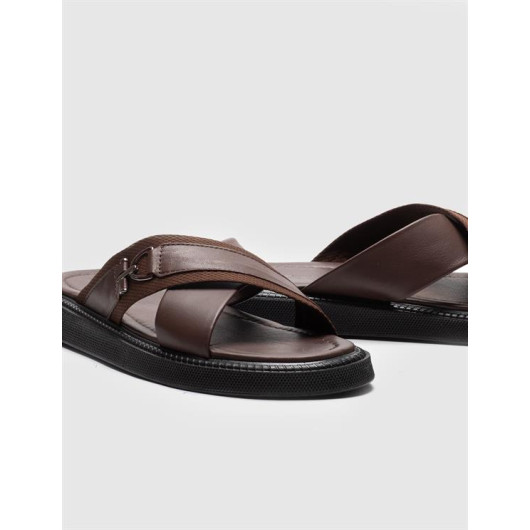 Men's Casual Slippers With Genuine Leather Brown Belt