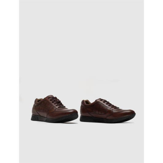 Genuine Leather Brown Laser Cut Lace-Up Men's Casual Shoes