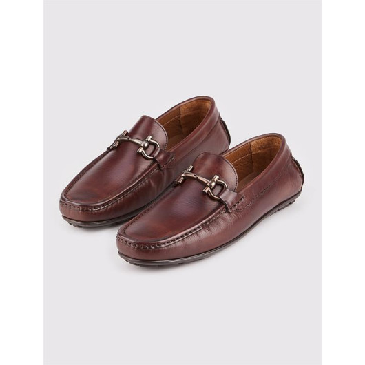 Genuine Leather Brown Metal Accessory Men's Loafer Shoes