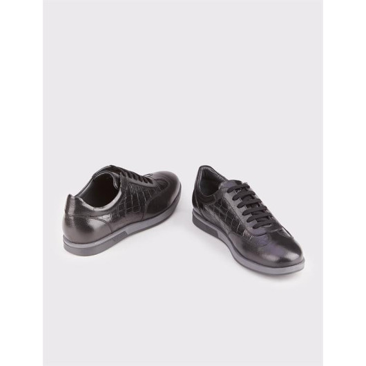 Genuine Leather Rubber Sole Black Lace-Up Men's Sports Shoes