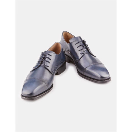 Genuine Leather Rubber Sole Navy Blue Laced Men's Classic Shoes