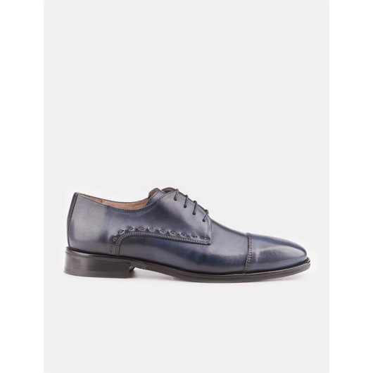 Genuine Leather Rubber Sole Navy Blue Laced Men's Classic Shoes