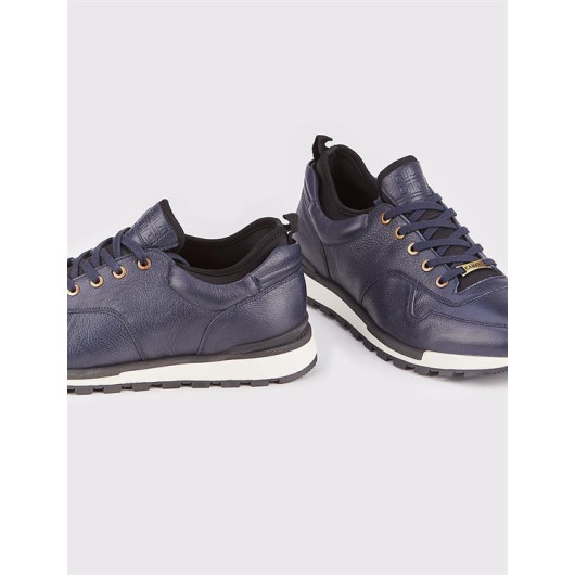 Genuine Leather Navy Blue Lace-Up Leather Coated Sole Men's Sports Shoes
