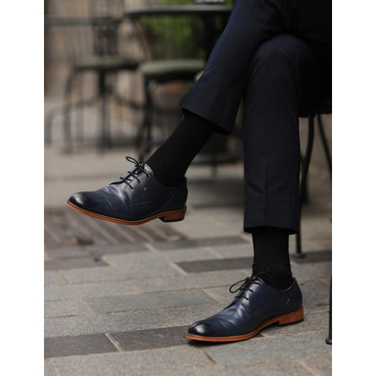 Genuine Leather Navy Blue Lace-Up Men's Classic Shoes