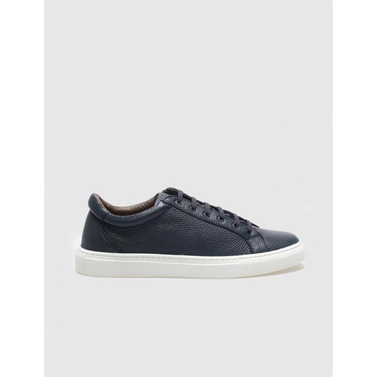 Genuine Leather Navy Blue Lace-Up Men's Sneaker