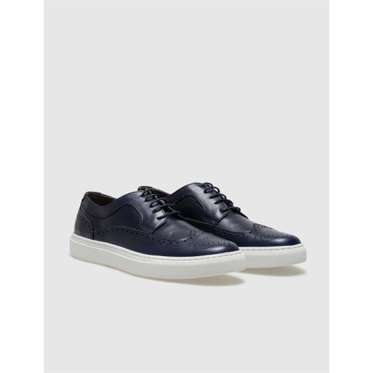 Genuine Leather Navy Blue Lace-Up Men's Sports Shoes