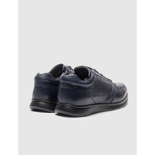 Genuine Leather Navy Blue Lace-Up Men's Sports Shoes