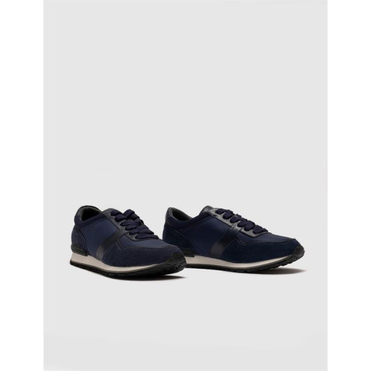 Genuine Leather Navy Blue Lace-Up Eva Sole Men's Sports Shoes