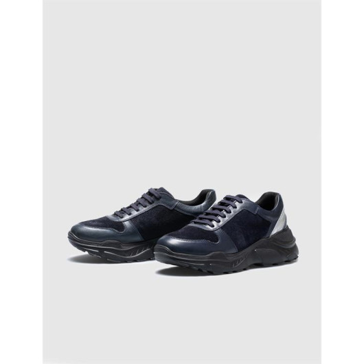 Genuine Leather Navy Blue Lace-Up Women's Sneakers