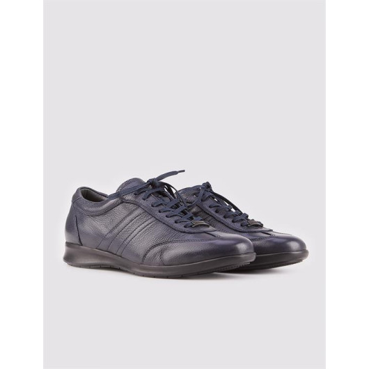 Genuine Leather Navy Blue Lace-Up Non-Slip Sole Men's Casual Shoes