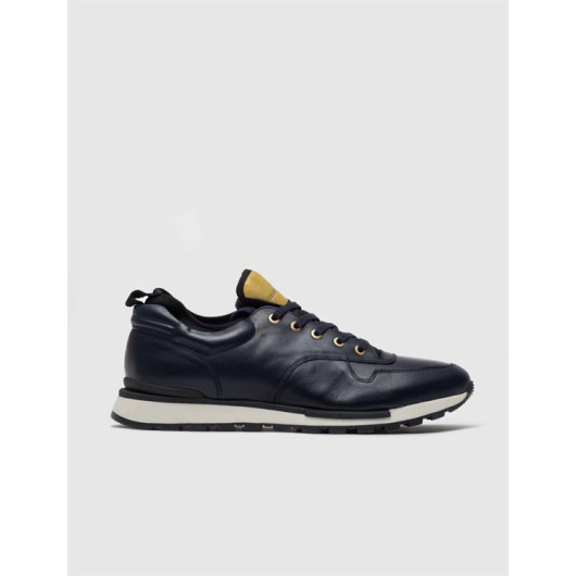 Genuine Leather Navy Blue Lace-Up Special Design Men's Sports Shoes