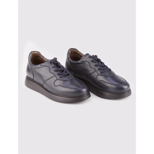 Genuine Leather Navy Blue Lace-Up Sneaker Men's Sports Shoes