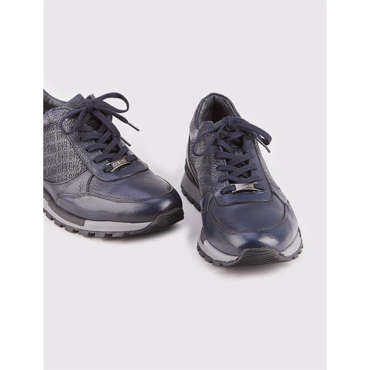Genuine Leather Navy Blue Laced Thermo Sole Men's Sports Shoes