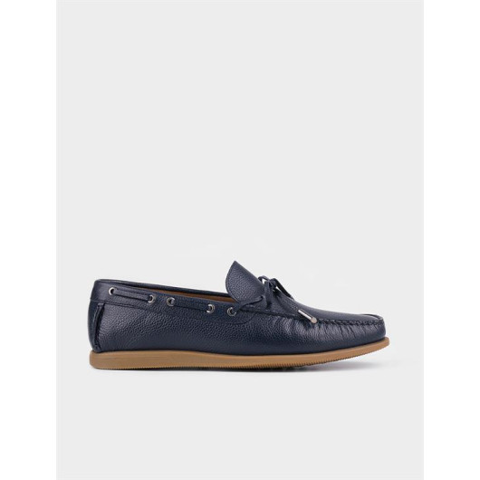 Genuine Leather Navy Blue Men's Lace-Up Loafer Shoes
