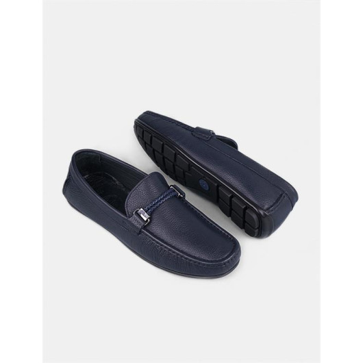 Genuine Leather Navy Blue Men's Belt Detailed Loafer Shoes
