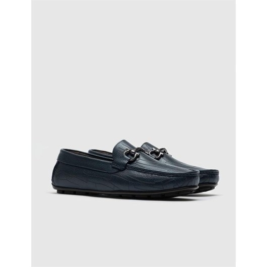 Genuine Leather Navy Blue Men's Loafers