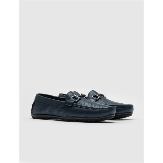 Genuine Leather Navy Blue Men's Loafers