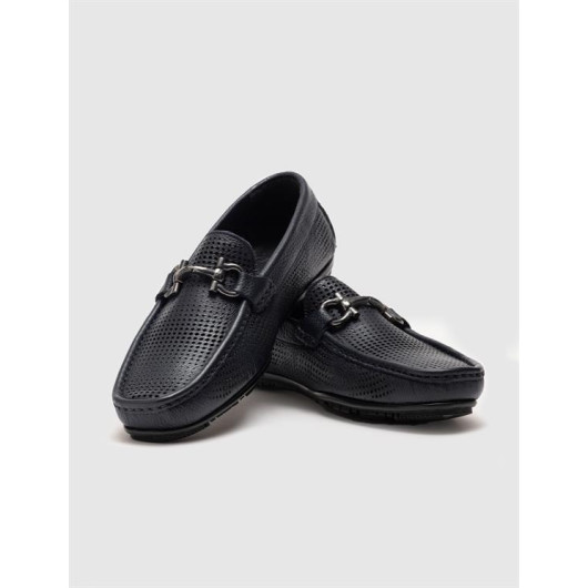 Genuine Leather Navy Blue Men's Loafers