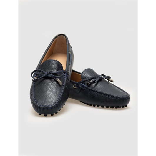 Genuine Leather Navy Blue Bow Women's Casual Shoes
