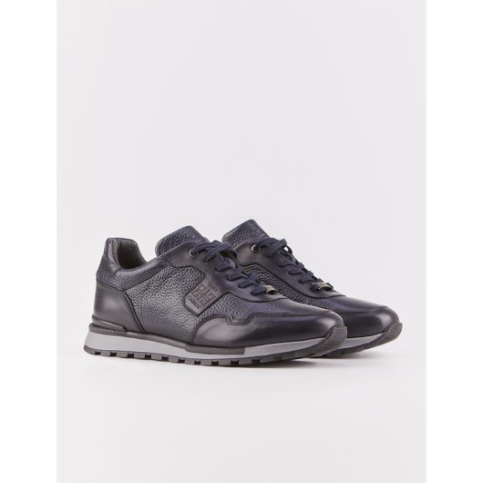 Genuine Leather Navy Blue Shearling Men's Sports Shoes