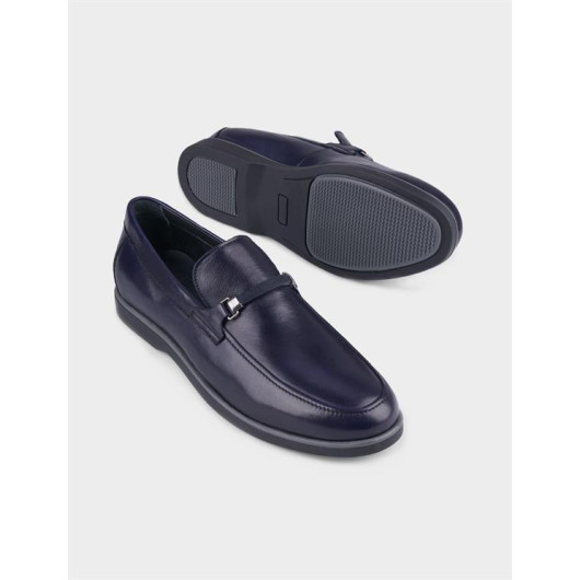 Genuine Leather Navy Blue Rubber Detailed Men's Casual Shoes