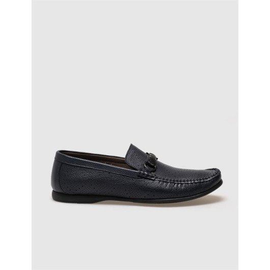 Genuine Leather Navy Blue Buckle Men's Loafers
