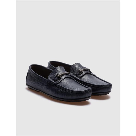 Genuine Leather Navy Blue Buckle Men's Loafers